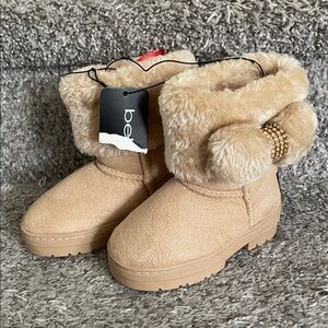 Beige Kids Boots with Faux Fur Trim